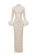 Elegant AURA Lace Column Dress by Margée Atelier, showing intricate lace details and fitted silhouette on a model.