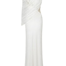 White Plan ELOWEN draped gown featuring elegant flowing fabric and sophisticated design, perfect for formal occasions.