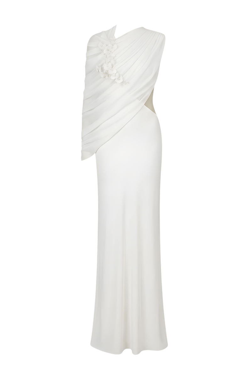 White Plan ELOWEN Draped Maxi Dress, elegant flowing dress with draped fabric, perfect for stylish occasions.