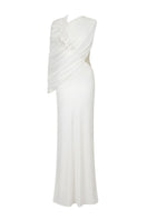 White Plan ELOWEN draped gown featuring elegant flowing fabric and sophisticated design, perfect for formal occasions.