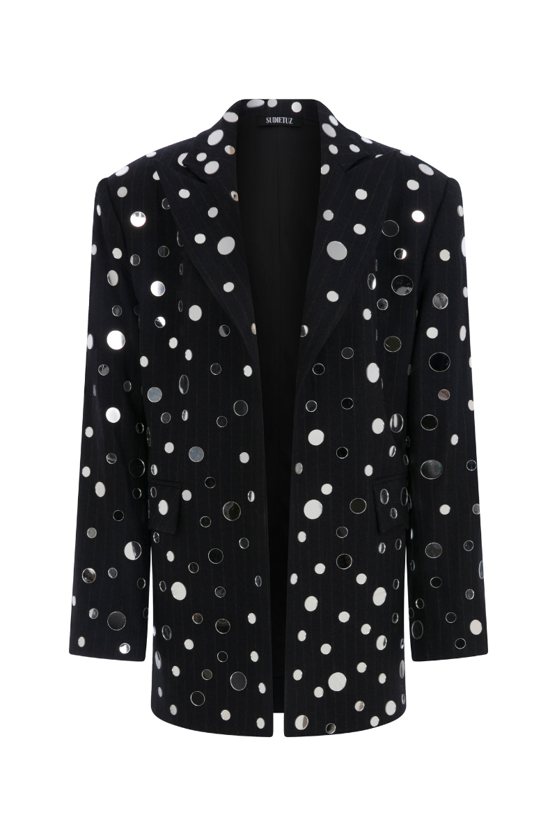Sudi Etuz mirrored blazer cover jacket with a sleek, reflective design and tailored fit, displayed on a hanger.