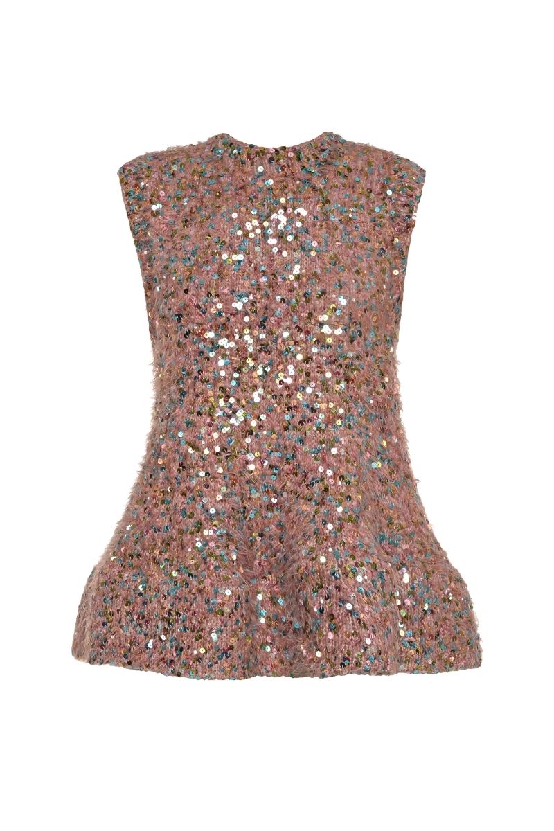 Lalo sequin knit sweater in pink multi with colorful sparkly sequins and ribbed cuffs, cozy and stylish for casual wear.