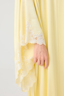 Heidi long rayon robe by Bocan Couture featuring butter yellow lace details and a flowing, elegant design.