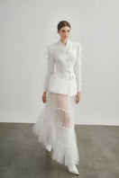 White Jane blazer by Arti Apparel, tailored fit blazer with lapel collar and long sleeves, styled on a mannequin.