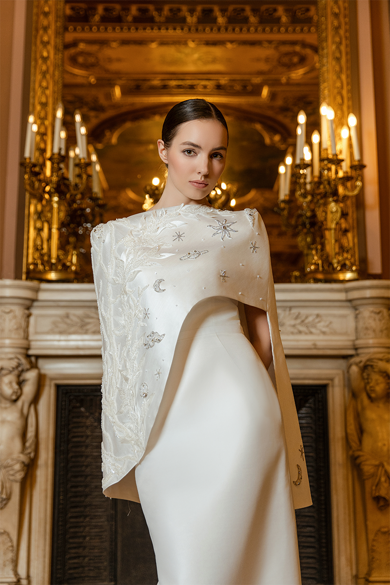 WHITE CAMISOLE STRAIGHT GOWN WITH ASYMMETRIC CAPE SET - CULT MIA