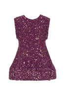 Lalo sequin knit sweater in plum multi, showing colorful sequined pattern and cozy knit texture.