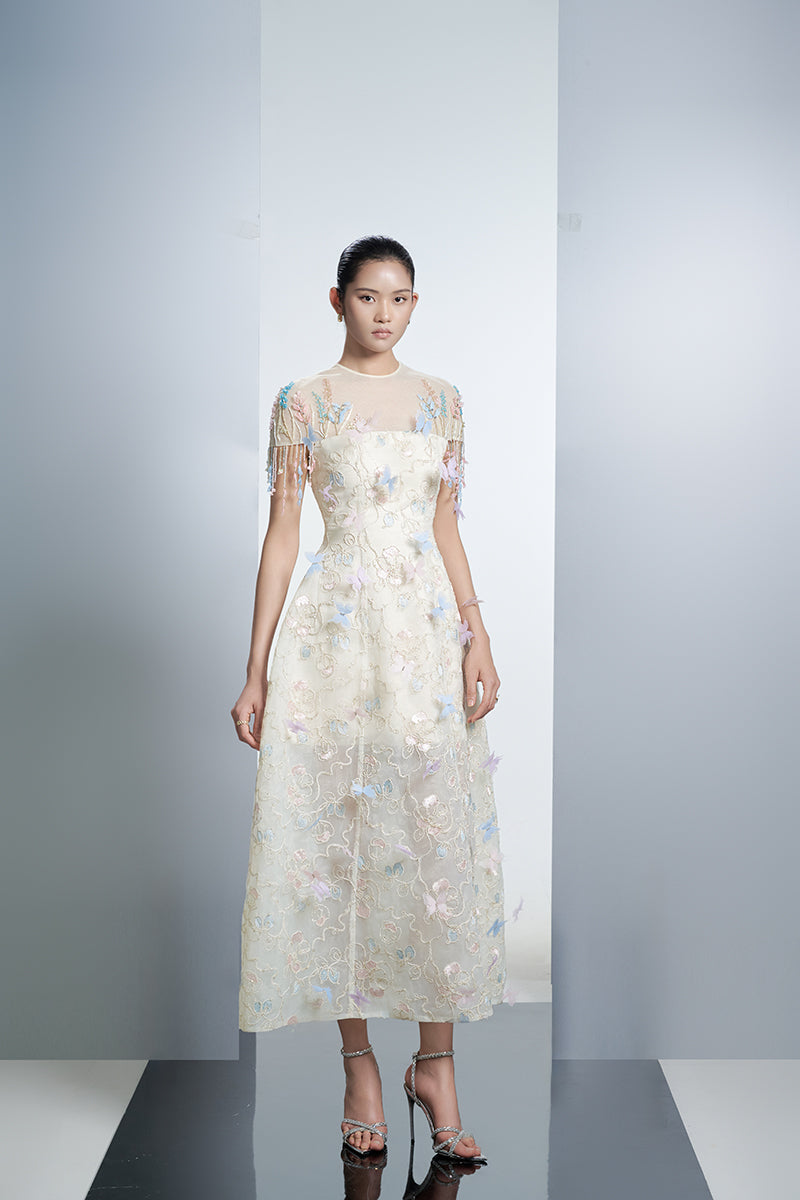 IVORY FLORAL ORGANZA MAXI DRESS WITH COLORFUL BUTTERFLIES IN WHITE | CULT MIA