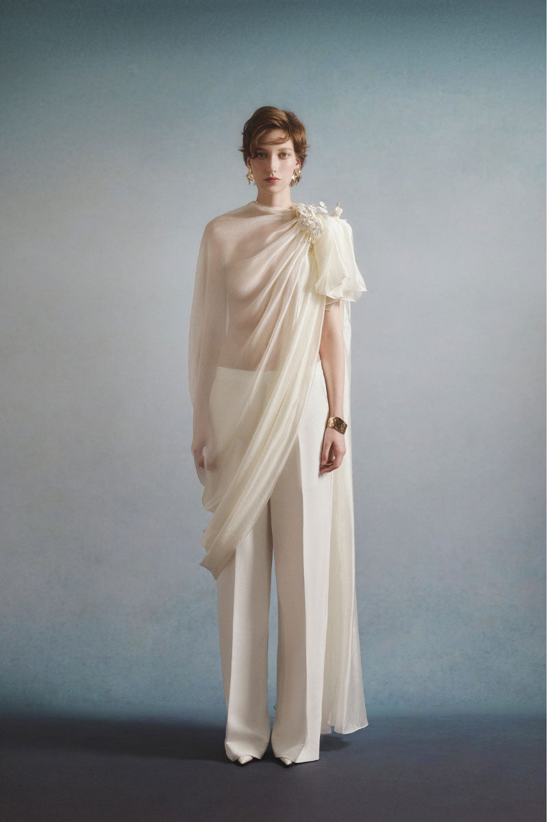 White Plan Eloria Draped Co-ords set featuring a stylish, draped top and matching bottoms on a model.