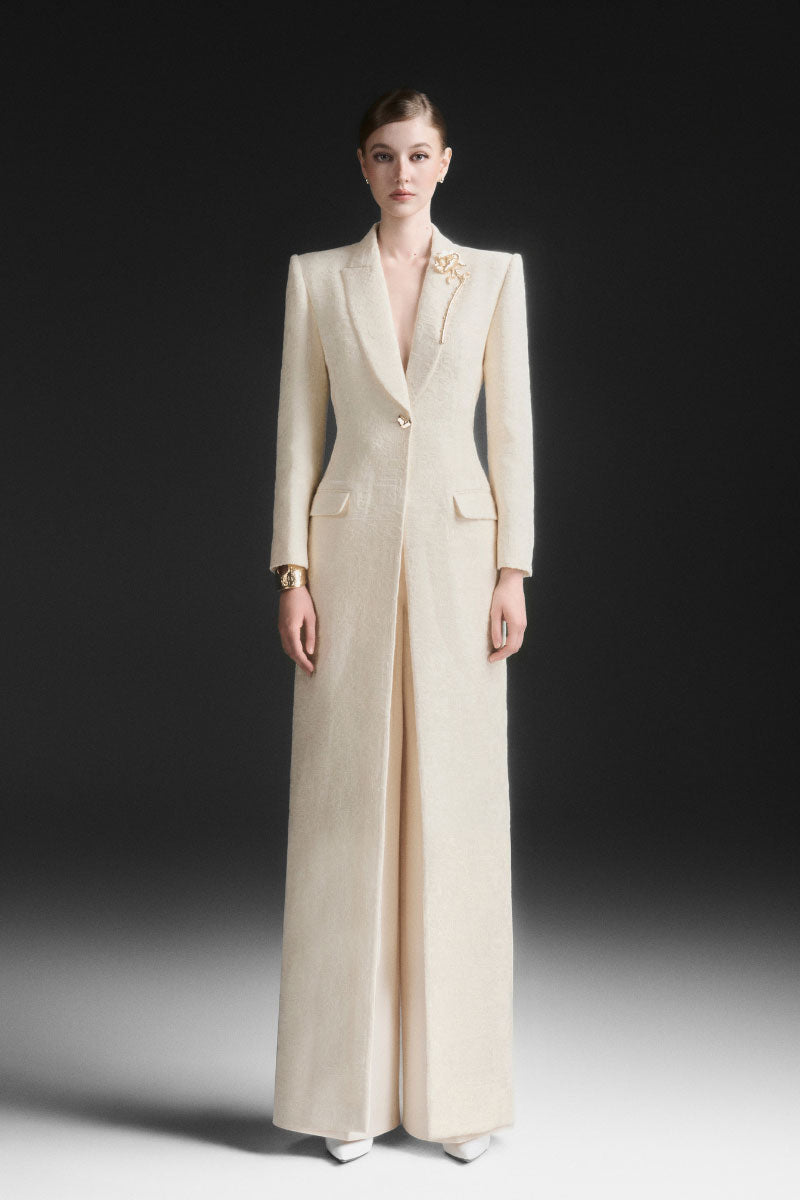 Maison Des Copains ivory cream notch lapel trench coat, front view showing classic design and tailored fit.