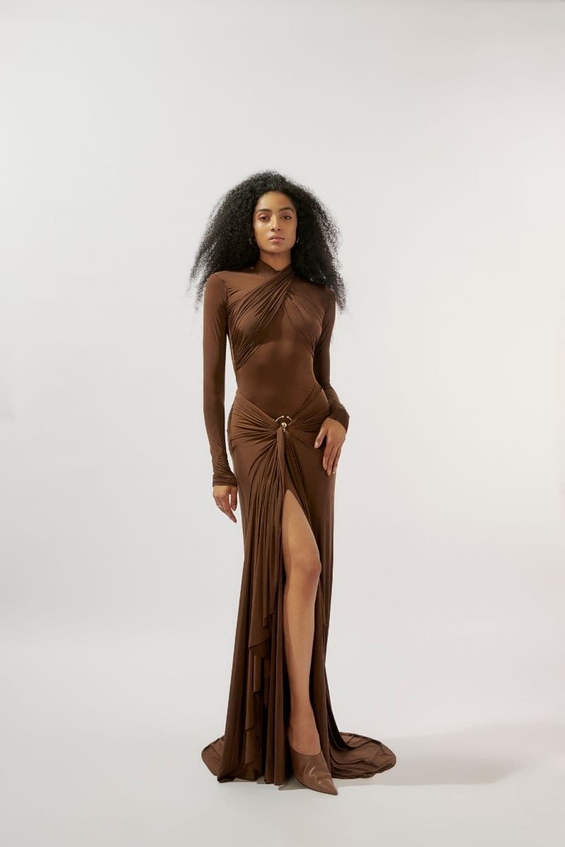 June Chocolate Rework JUNE CHOCOLATE BROWN FITTED MAXI DRESS | CULT MIA | Deme By Gabriella