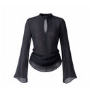 Black Leicia slit front mesh shirt, a stylish tops piece featuring a sheer mesh design with a front slit detail.