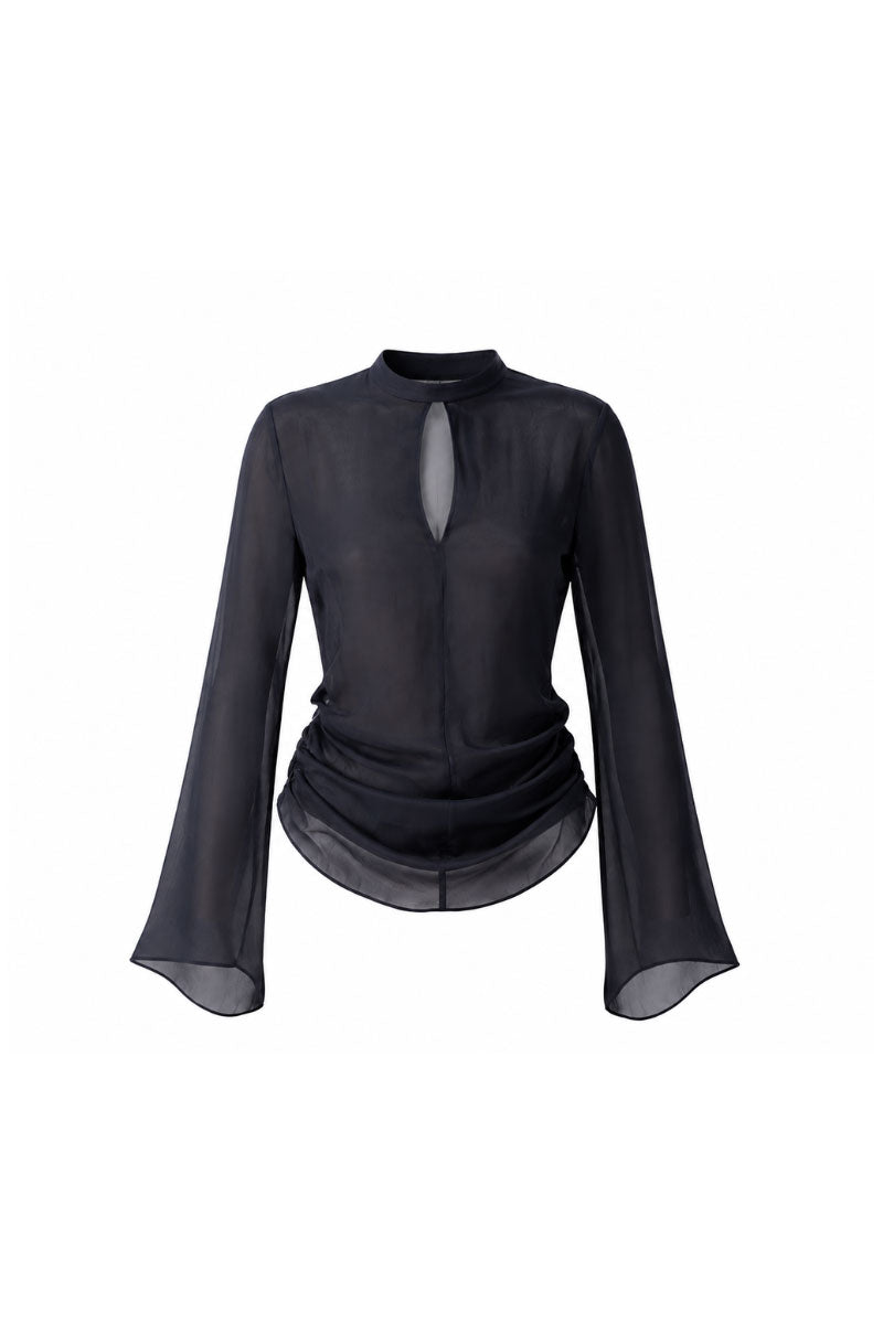 Black Leicia slit front mesh shirt, a stylish tops piece featuring a sheer mesh design with a front slit detail.