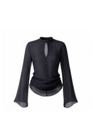 Black Leicia slit front mesh shirt, a stylish tops piece featuring a sheer mesh design with a front slit detail.