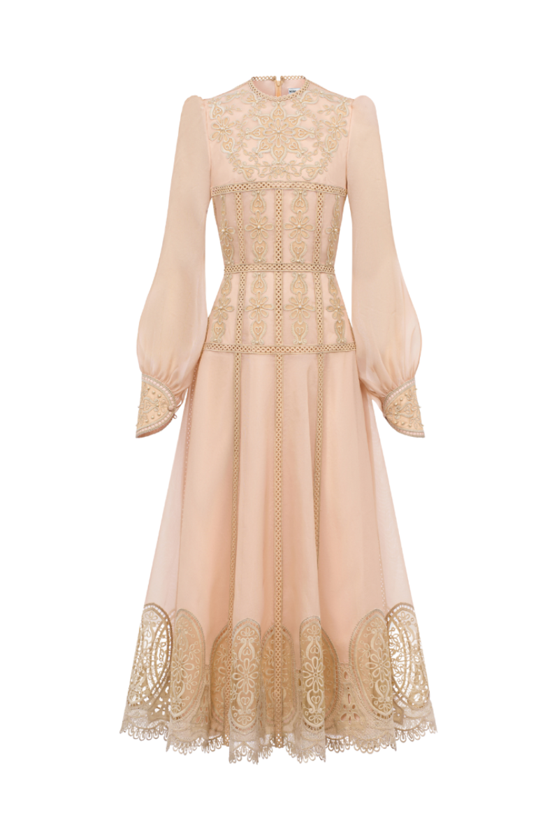 LACE AND ORGANZA LONG SLEEVE IVORY MIDI DRESS