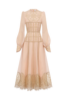 Ivory lace and organza long sleeve midi dress by ROSEE DE MATIN, featuring elegant design and delicate fabric details.