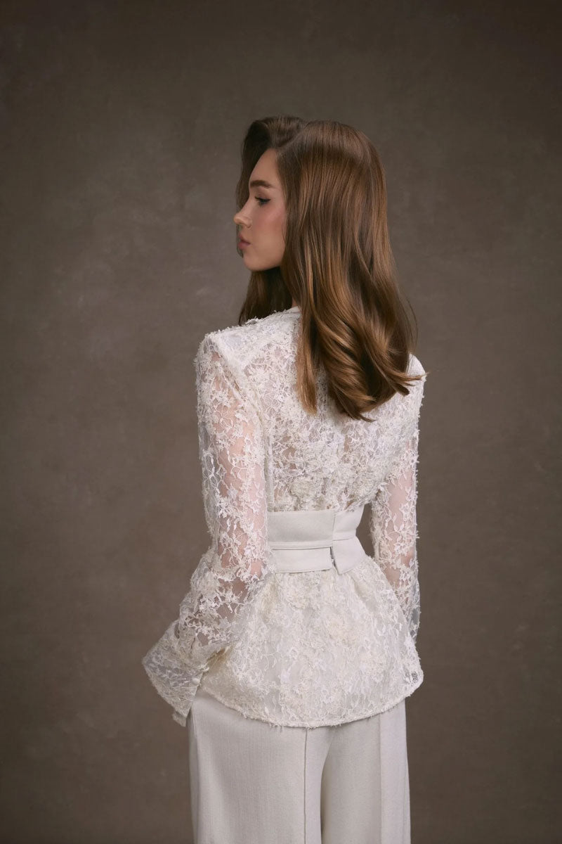 Keira Tong lace wrap top, stylish women's tops with delicate lace details and a flattering fit, perfect for casual or dressy occasions.