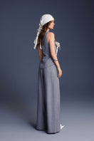 Gray folded layer pants by Keira Tong, showing the layered design and casual fit on a neutral background.