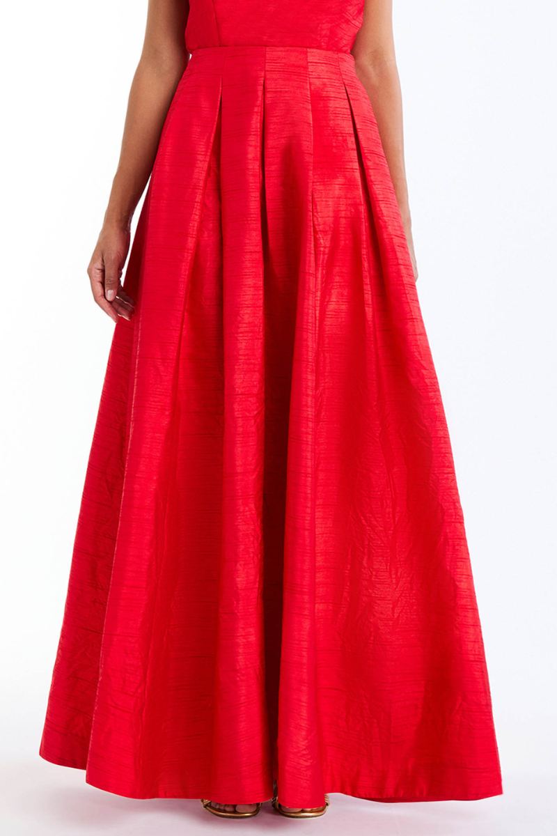 Red Daphne ball skirt in maxi length by Mestiza New York, flowing fabric with a fitted waistband and full, elegant silhouette.