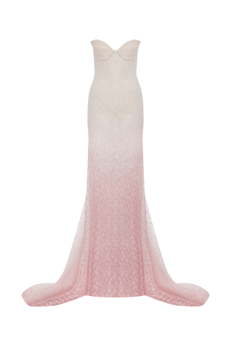 WHITE TO PINK GRADIENT LACE GOWN WITH TRAIN - CULT MIA