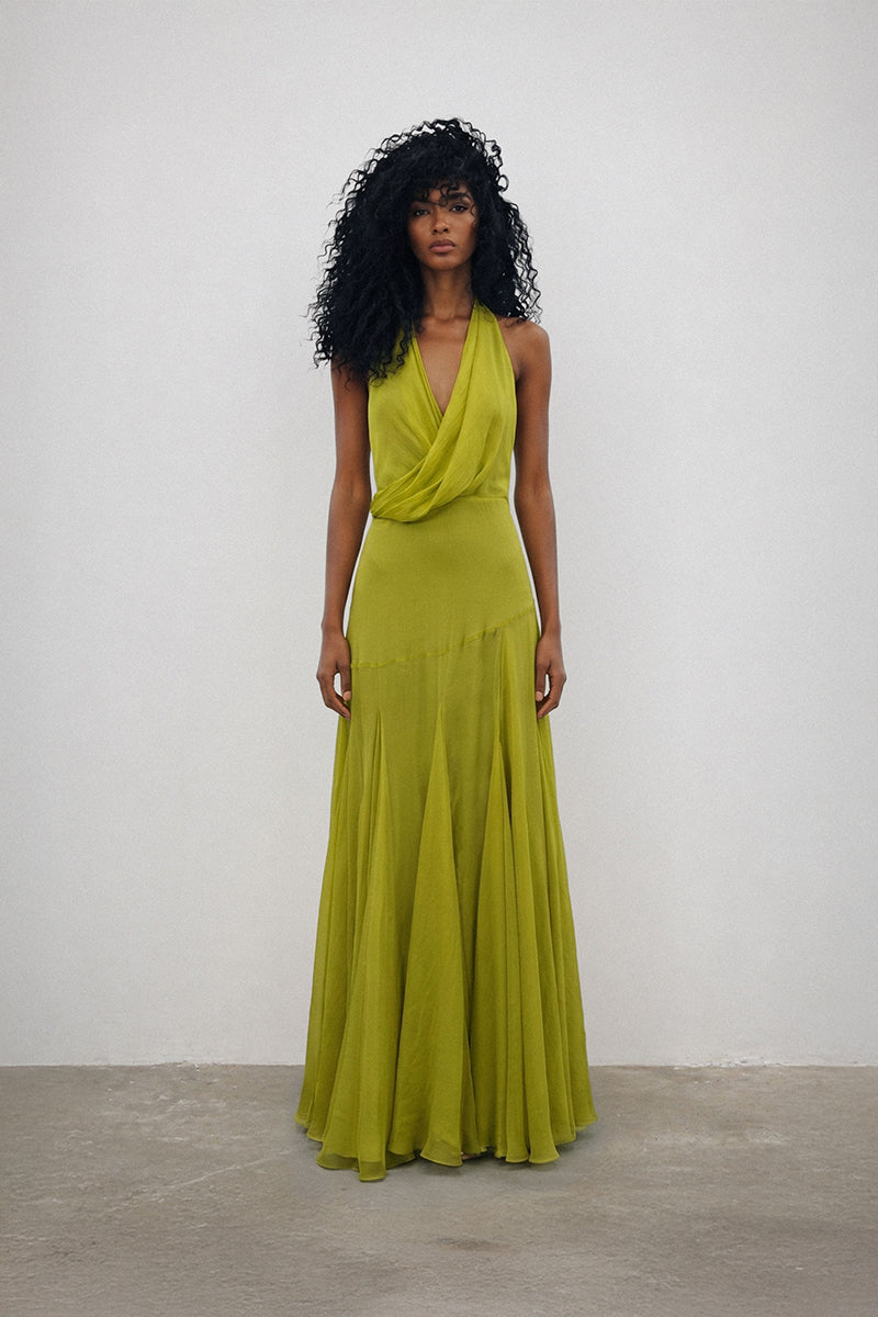 Deme By Gabriella Coco Gown in soft fabric, flowing design with lace details, elegant evening gown for special occasions.
