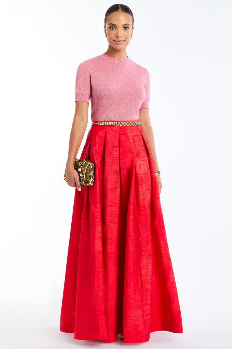 Red Daphne ball skirt in maxi length by Mestiza New York, flowing fabric with a full, elegant silhouette.