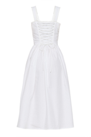 White Luna midi dress by Summer Away featuring a flowy silhouette and elegant design, perfect for casual or semi-formal occasions.