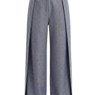 Gray folded layer pants by Keira Tong displayed on a flat surface with detailed fabric texture and layered design.