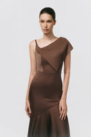 Tan mocha veil midi dress by TONYY featuring flowing fabric and elegant design, showcased on a model in a stylish pose.
