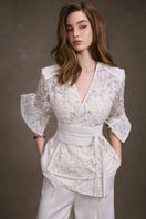 Keira Tong lace wrap top, women's stylish long-sleeve blouse with delicate lace details and fitted silhouette.