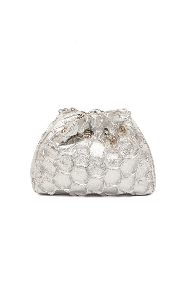 Small silver HEXAGON BAG shoulder bag by Onalaja with geometric shape and sleek metallic finish, perfect for stylish accessories.
