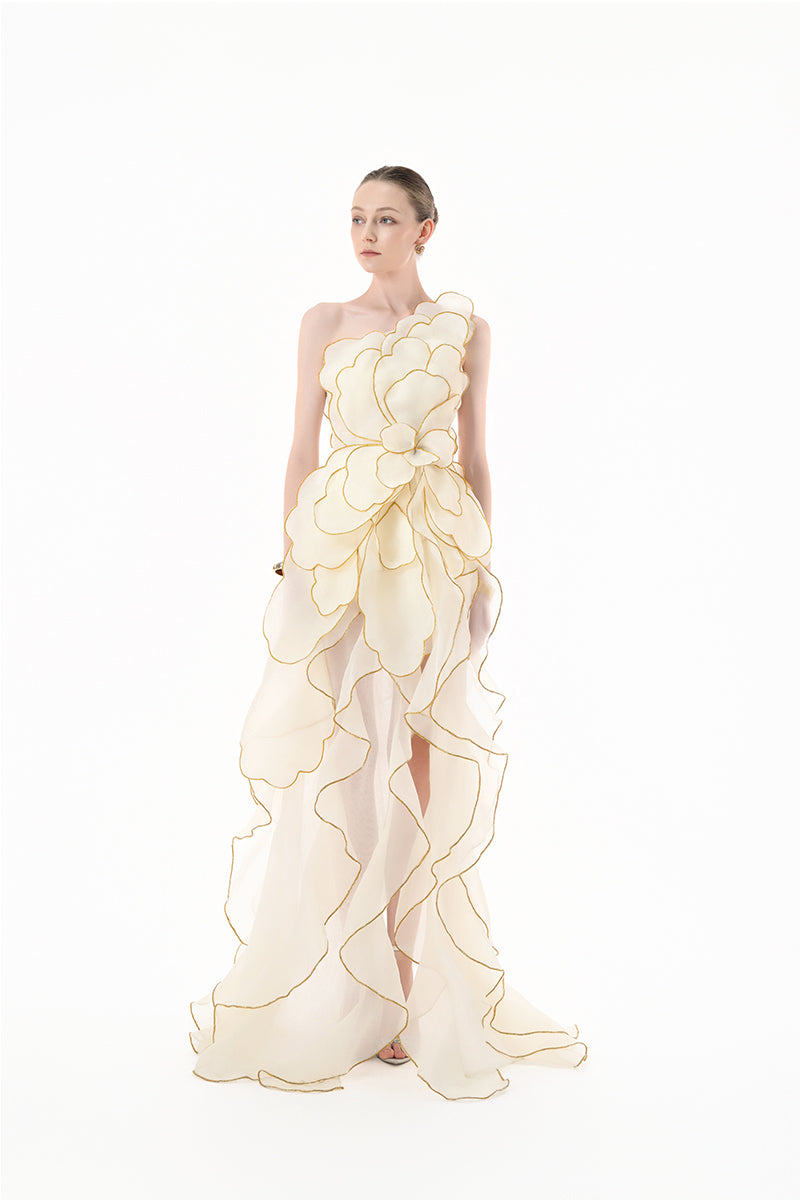 HAPPY CLOTHING CULT MIA X Ivory Sculpted Petal Gown featuring intricate petal detailing and elegant flowy fabric.