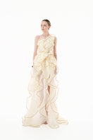 HAPPY CLOTHING CULT MIA X Ivory Sculpted Petal Gown featuring intricate petal detailing and elegant flowy fabric.