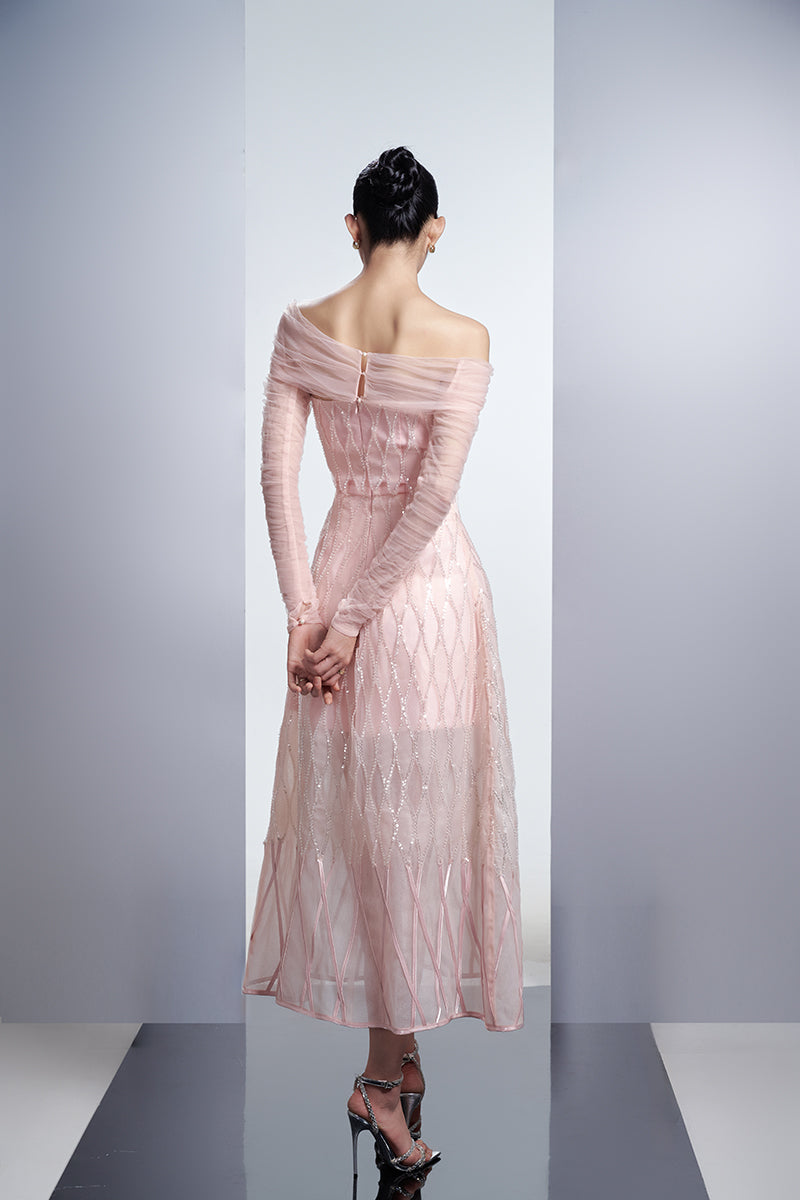 OFF SHOULDER ORGANZA MIDI DRESS IN PINK - CULT MIA