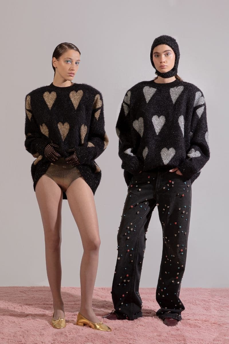 Lalo Valentines silver heart sweater featuring a cozy knit design with silver heart accents, perfect for Valentine's Day.