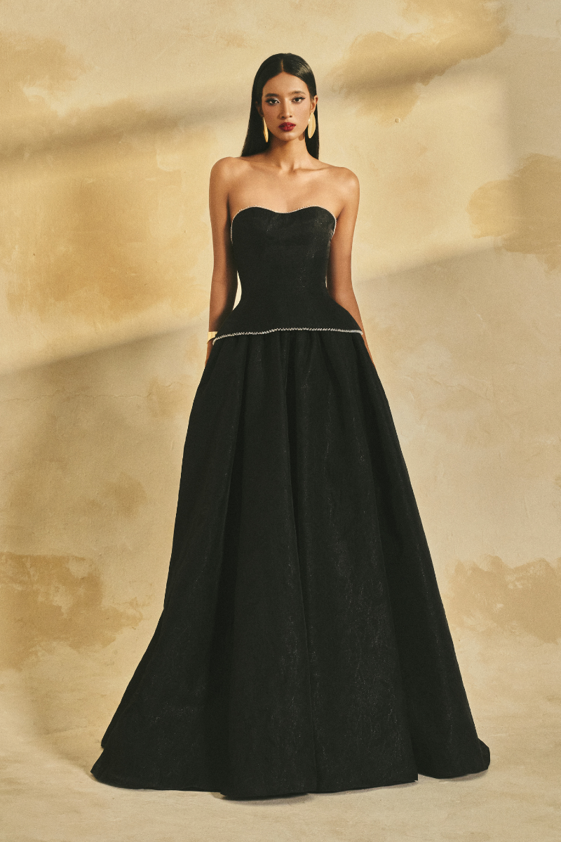 OFF-SHOULDER LUMINOUS JACQUARD GOWN