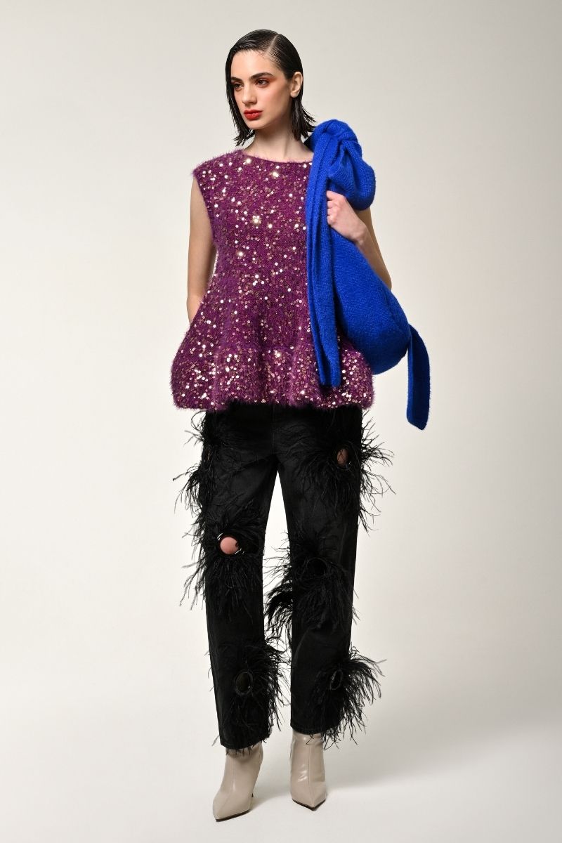 SEQUIN KNIT SWEATER IN PLUM MULTI