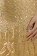 Beige tweed jewel neck mermaid gown by Happy Clothing, fitted silhouette with intricate textures and elegant design.