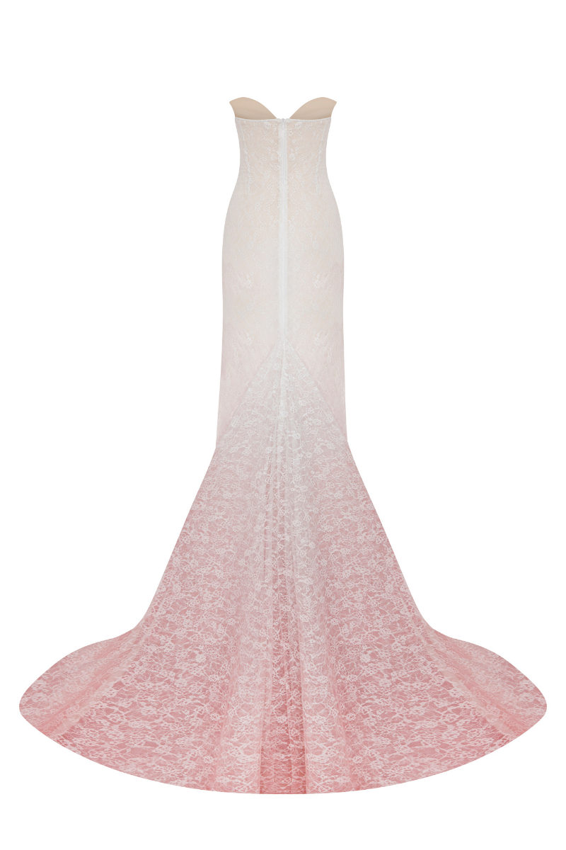 WHITE TO PINK GRADIENT LACE GOWN WITH TRAIN - CULT MIA