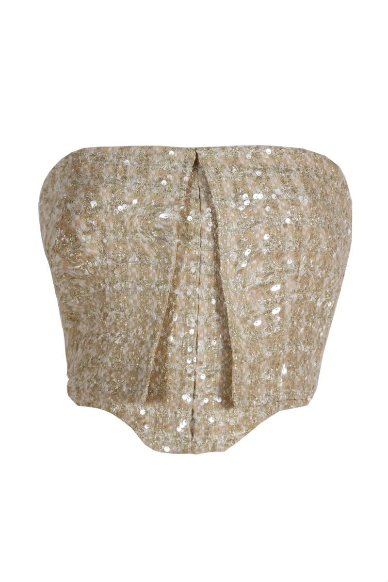 Aquarel Studio gold corset top, stylish fashion tops with structured design and shiny metallic finish, perfect for trendy outfits.