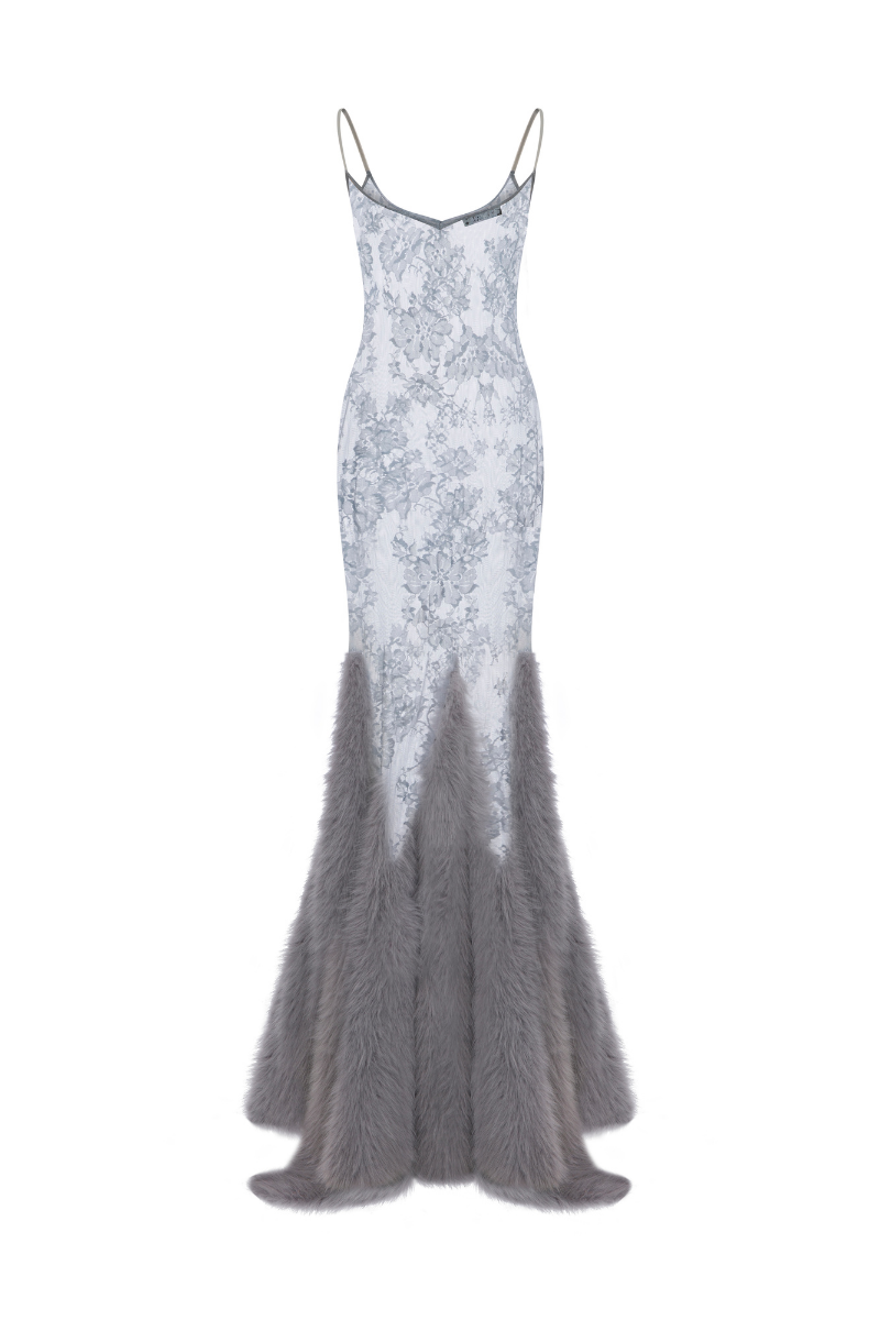 LACE MAXI DRESS WITH FAUX FUR TRIMMINGS | CULT MIA | Sudi Etuz LACE MAXI DRESS WITH FAUX FUR TRIMMINGS | CULT MIA | Sudi Etuz