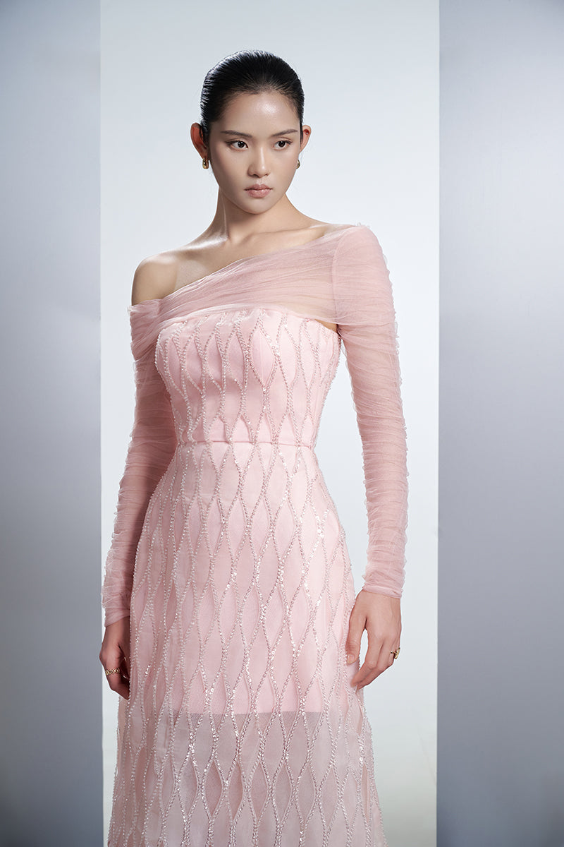 OFF SHOULDER ORGANZA MIDI DRESS IN PINK - CULT MIA
