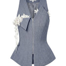 Keira Tong bouquet sleeveless vest with floral pattern, lightweight fabric, and tailored fit. Front view of the stylish vest.
