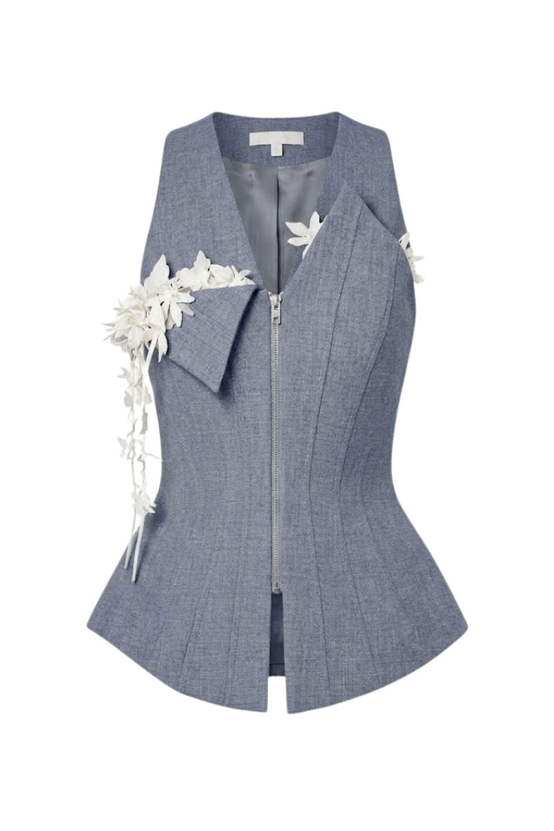 Keira Tong bouquet sleeveless vest with floral pattern, lightweight fabric, and tailored fit. Front view of the stylish vest.