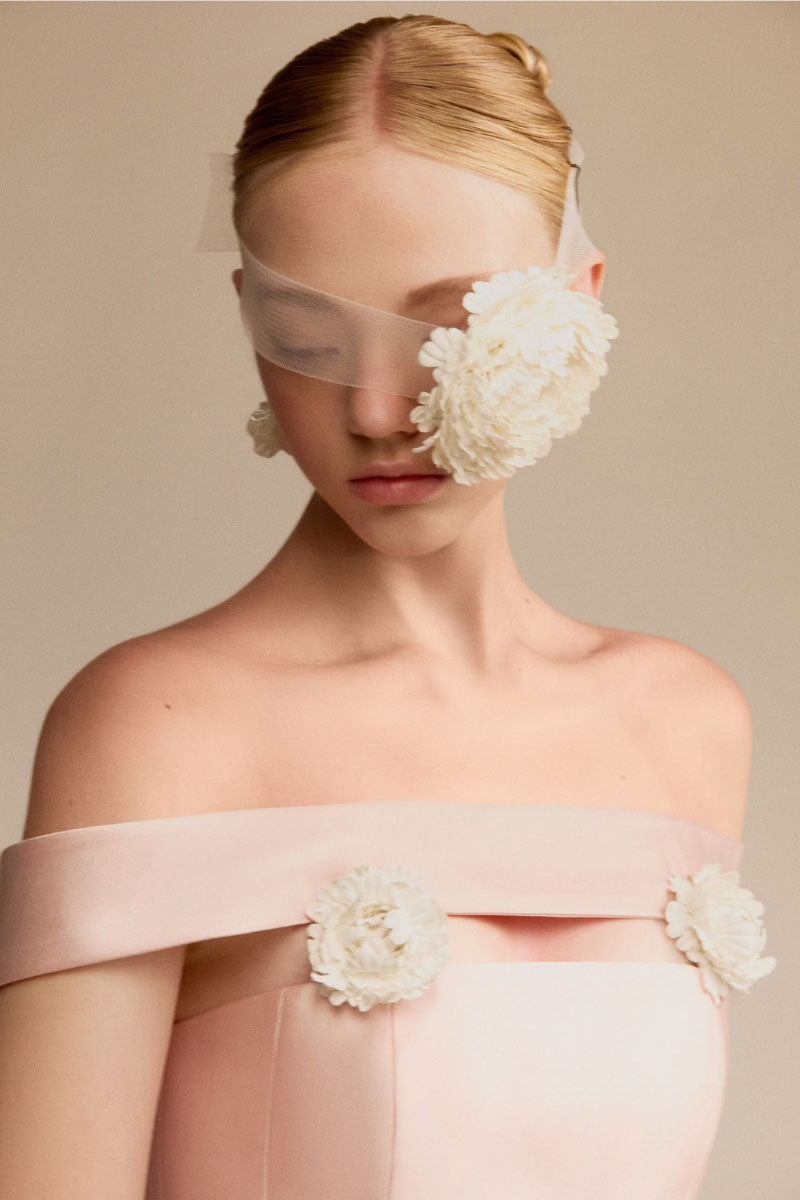 White Plan Lucent midi dress with elegant flowy fabric and a fitted waist, displayed on a hanger.