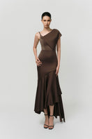 Mocha veil dress by TONYY, a stylish midi dress with flowing fabric and elegant design, perfect for casual or formal wear.