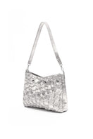 Small silver HEXAGON BAG by Onalaja featuring a geometric hexagon shape and a sleek shoulder strap.