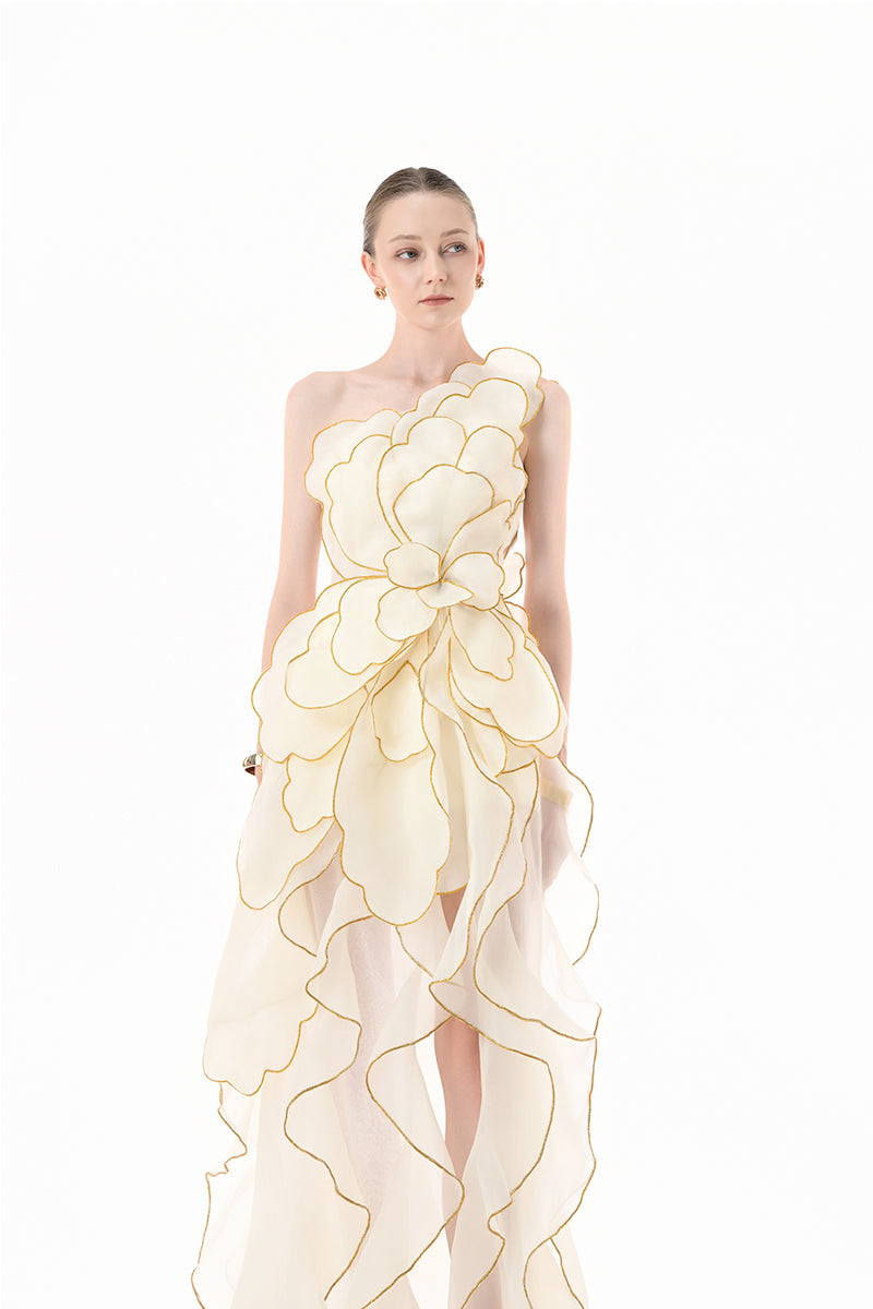 Ivory sculpted petal gown by Happy Clothing, featuring intricate petal details and elegant design, perfect for formal occasions.