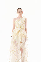 Ivory sculpted petal gown by Happy Clothing, featuring intricate petal details and elegant design, perfect for formal occasions.