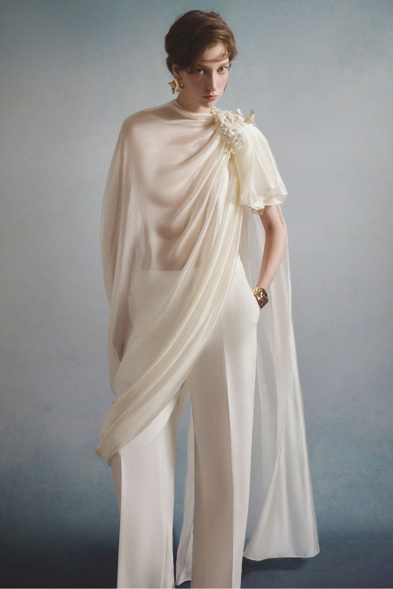 White Plan Eloria Draped Co-ords set featuring a stylish top and matching pants, perfect for casual or elegant occasions.