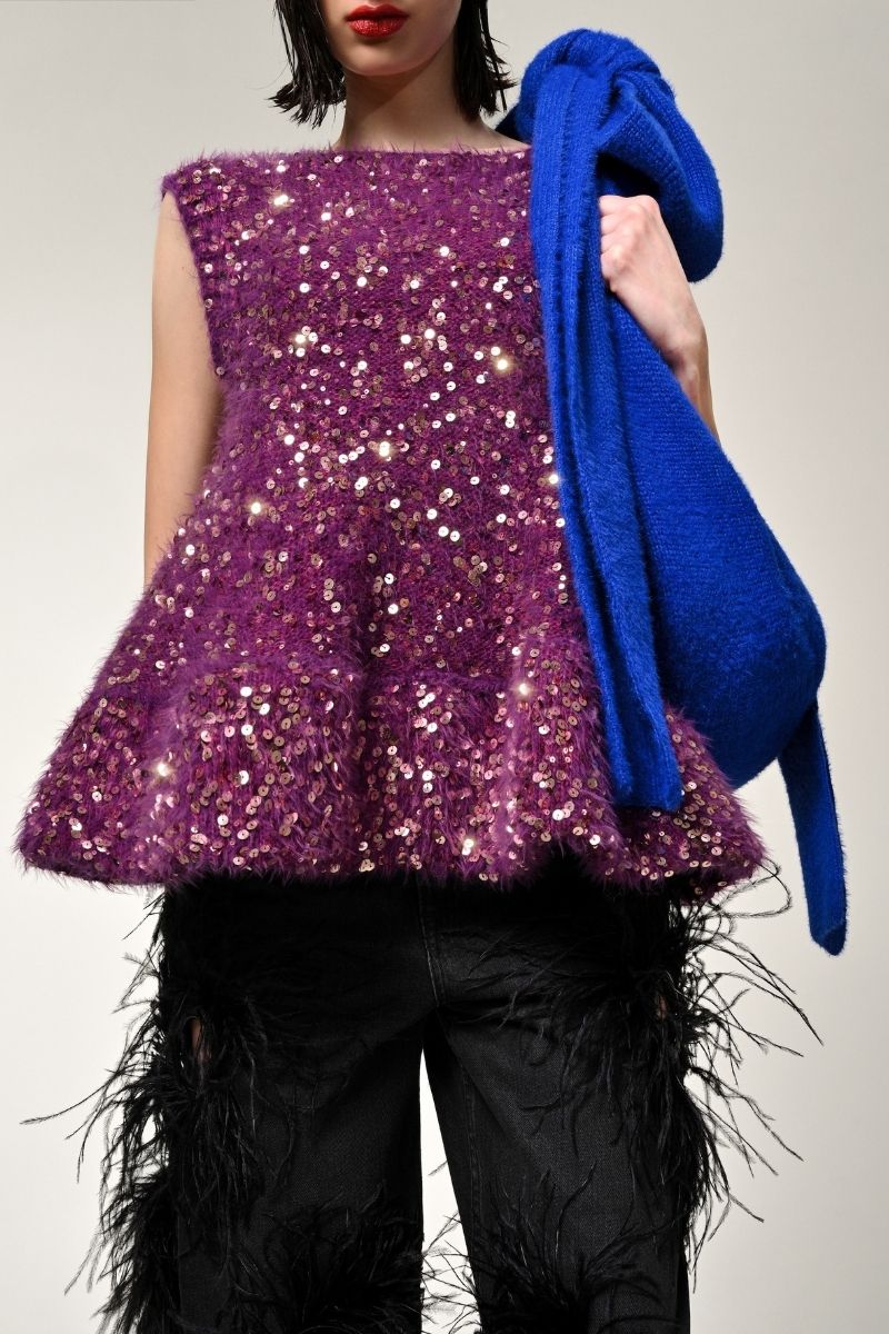 Lalo sequin knit sweater in plum multi with colorful sequin embellishments, cozy and stylish for casual wear.